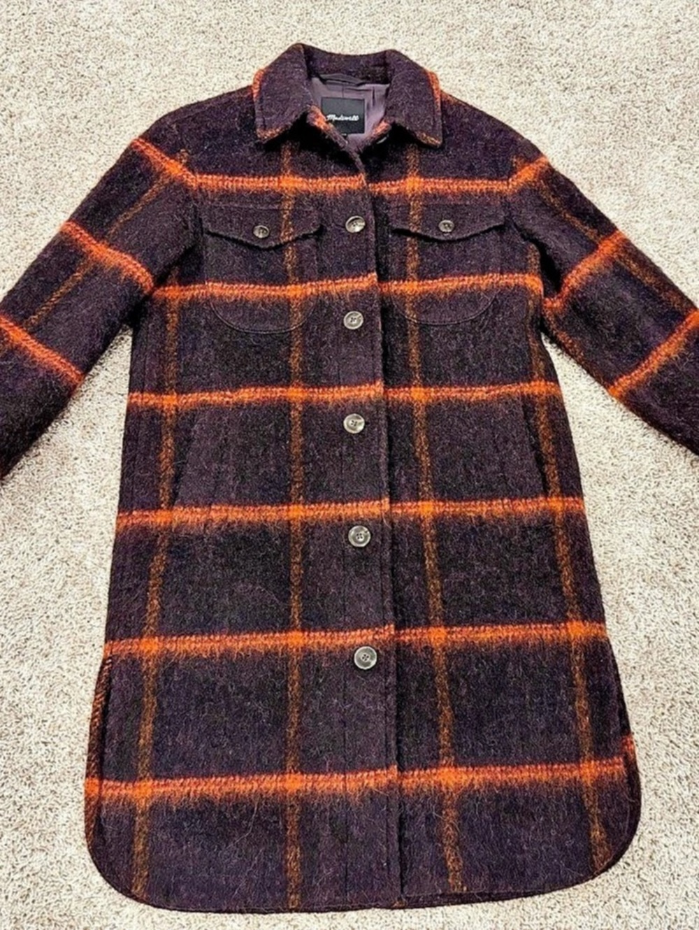Madewell Long Shirt-In-Jacket in Windowpane Plaid Coat in Brown & Orange Size XS